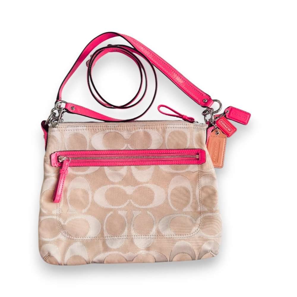 Coach Signature Gold Shimmer Canvas Crossbody Bag | Hot Pink Trim